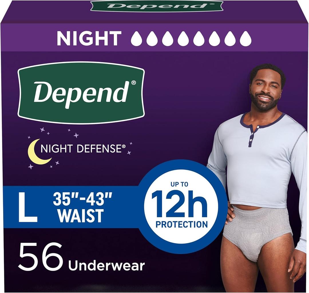 Depend Night Defense Adult Diapers, Incontinence Underwear for Men, Disposable, Overnight, Large, Grey, 56 Count (4 Packs of 14)