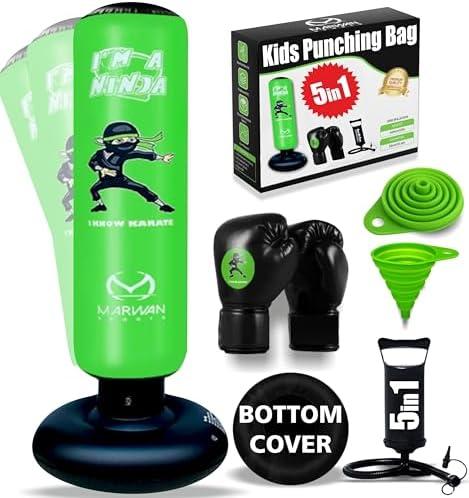 Marwan Sports 5-in-1 Kids Punching Bag Set – Ultra-Durable, Fast Bounce-Back Inflatable Boxing Bag with Gloves & Air Pump – Exciting & Safe Active Play for Boys Ages 4-12 (Patent Pending)