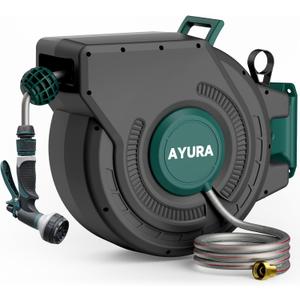 AYURA Retractable Garden Hose Reel 100 ft x 1/2 inch with Pro Metal Shaft, Heavy Duty Automatic Garden Hose Reels with Kink-Free Rewind and Lock at Any Length, Wall Mount Water Hose Reel for Outside