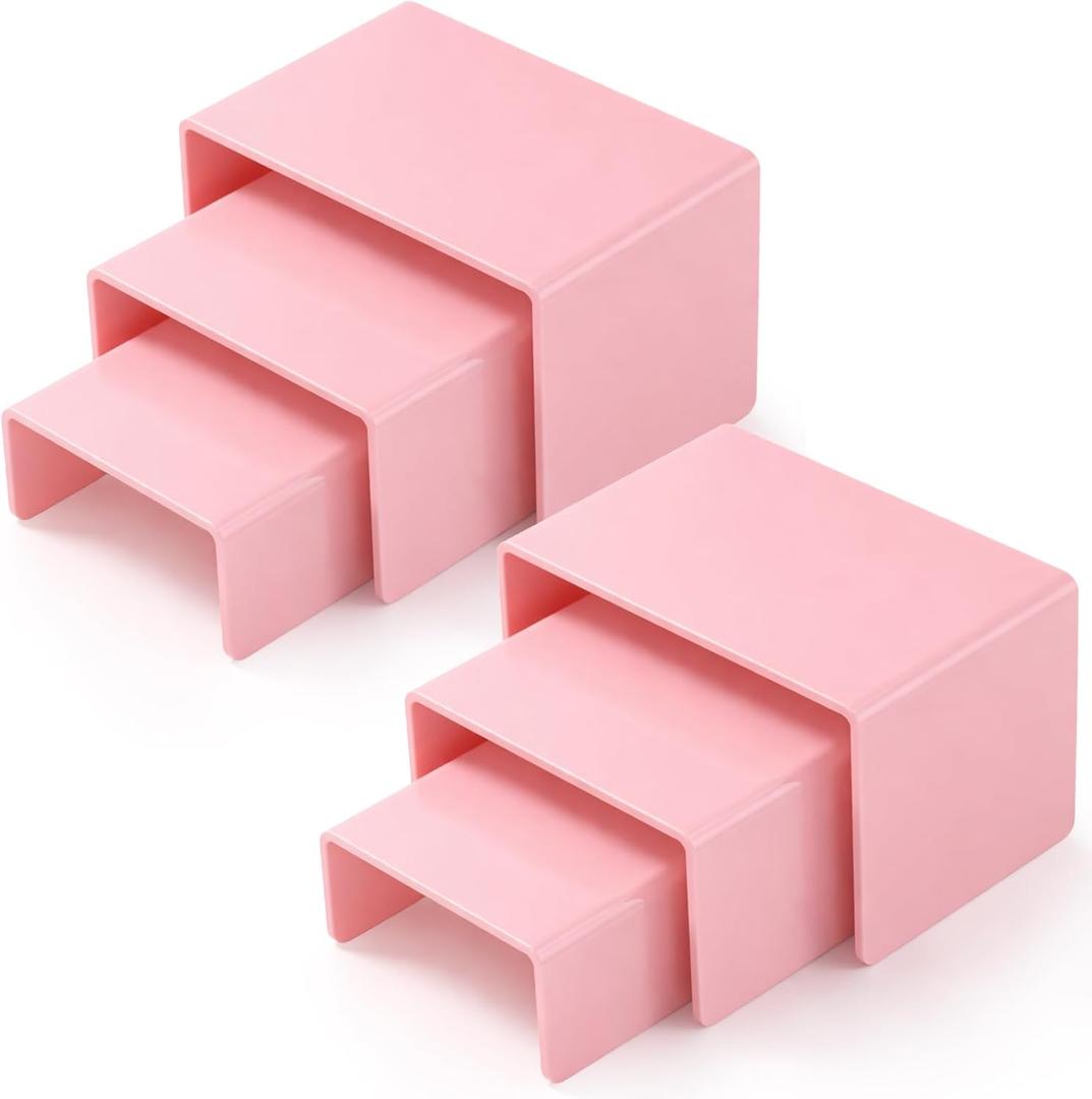 Chuangdi 2 Sets Acrylic Display Risers, Product Stand, Jewelry Display Riser Shelf Showcase Fixtures for Dessert Cupcake Candy Figure Treat Action Showcase(Pink,Small Set)