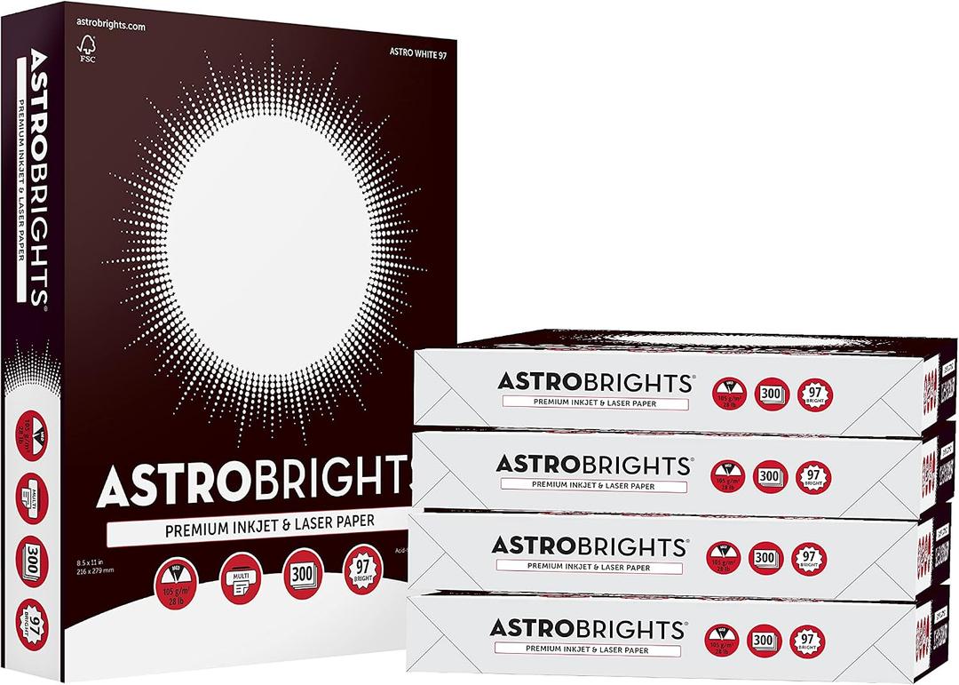 Astrobrights Printer & Copy Paper, 8.5" x 11", 28lb/105gsm, 97 Brightness, White,2 of 5 reams of 300 sheets per ream, 1,500 sheets per carton (91738-01)