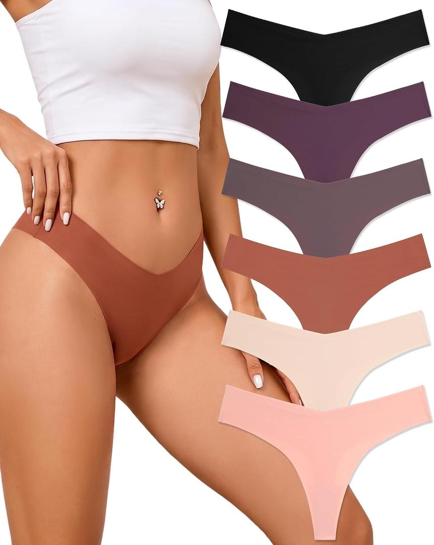 FINETOO Seamless Thongs for Women Sexy No Show Panties Invisible V-waisted Stretch Lingerie Underwear 6 Pack (L)