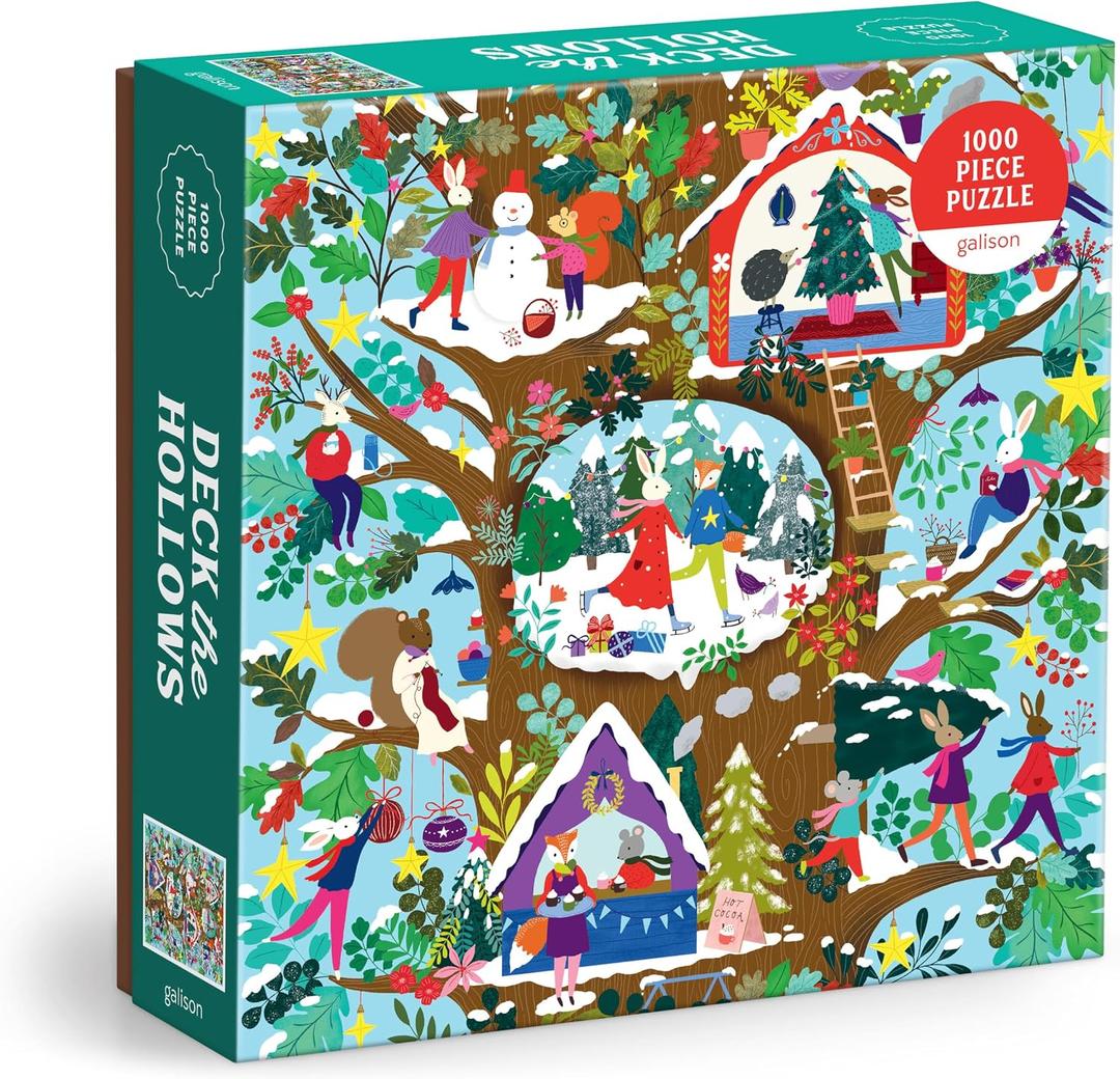Galison Deck The Hollows Puzzle – 1000 Piece Holiday Puzzle with Illustrated Tree Scenes, 20 inches by 27 inches