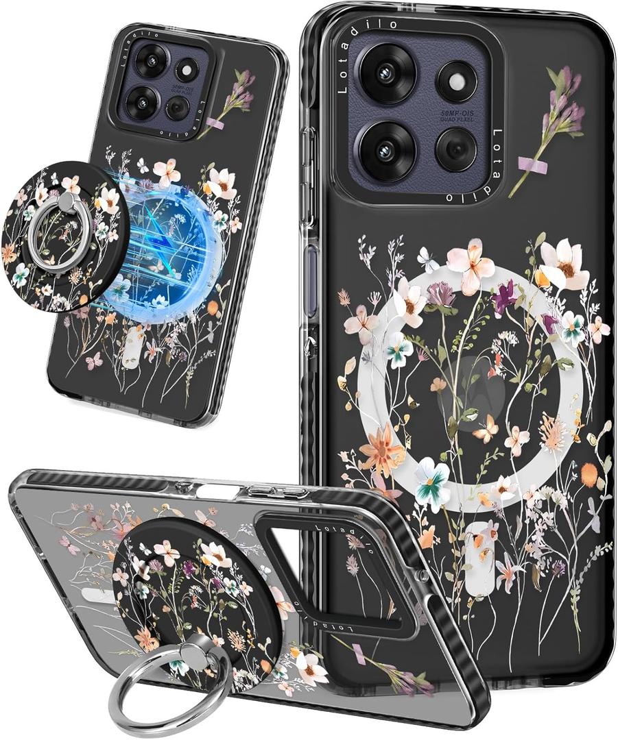 2 x Lotadilo Cute Case for Moto G Power 2026/2025/Play 5G 2025 for Women Girls - Funny Dried Flower Design Compatible with Magsafe Ring Holder Magnetic Stand Kickstand Fashion TPU Phone Covers Kawaii