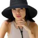 Sun Hats for Women Gardening Hat Wide Brim Ponytail Beach Sun Protection Breathable Cotton Summer Hat with Fold-Up Brim (Medium-Large, Black)