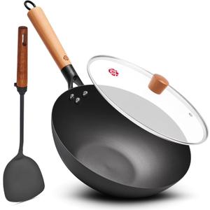 WANGYUANJI 11.8 Inch Iron Wok with Glass Lid, Flat Bottom Stir Fry Pan with Wooden Handle, Non-Coated Naturally Nonstick Skillet, Traditional Chinese Wok for Gas, Electric & Induction Cooking