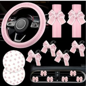 15 Pcs Pink Car Accessories Set for Women Bow Car Accessories Set Pink Leather Steering Wheel Cover Universal Fit 15 Inch Seat Belt Cover Bow Hook Pink Bow Car Coaster Bow Air Vent Clip
