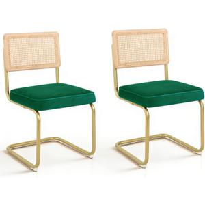 Mid-Century Modern Dining Chairs Set of 2, Velvet Upholstered Seat with Natural Rattan Backrest, Armless Side Chairs with Metal Legs, Ergonomic Design for Home Kitchen Dining Room, Green, CangLong