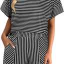Hilinker Womens Striped 2 Piece Lounge Sets Short Sleeve Tops and Short Set Summer Matching Outfits Black White Small (Black, S)