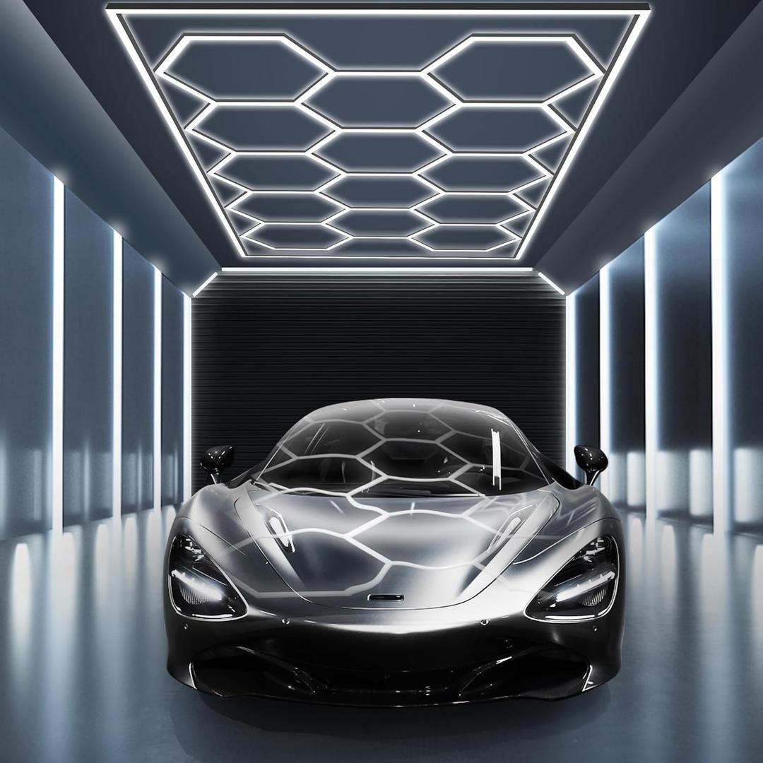 MODERN Hexagon Garage Light: Higher Brightness 720W 86400 Lumens Hexagon Led Garage Light with Rectangle Frame 6500K for Garage, Basement, Warehouse, Auto Beauty Shop, Car Detailing Shop etc.  (14 HEX WITH BORDER(190.2"L x 95.7"W x 1.4"H))