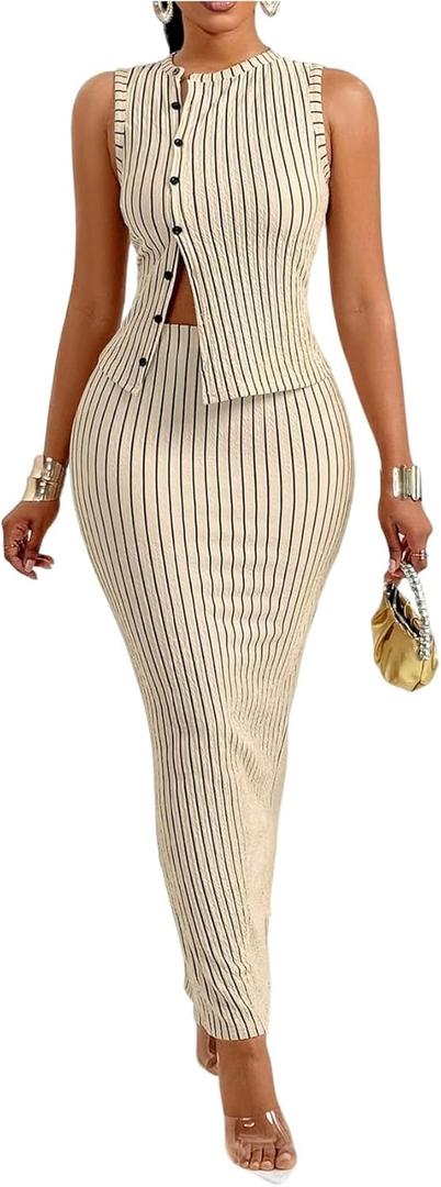 SOLY HUX Women's 2 Piece Business Casual Outfits Striped Button Up Vest and Bodycon Maxi Skirt Set, XS