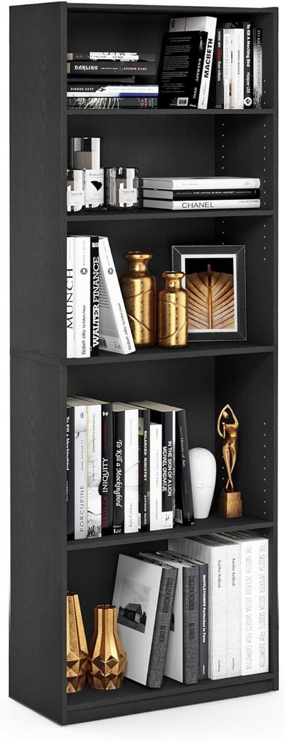 Furinno JAYA Book shelf, 5-Tier Bookshelf, Bookcase with Adjustable Shelves, 9.5" x 24.5" x 71.2", for Living Room, Bedroom, Home Office, Blackwood