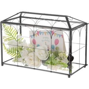 Glass Wedding Card Box with Black Metal Frame, Envelope Card Reception Box with Heart Lock, Transparent Glass, 12.6 x 5.9 x 9 in