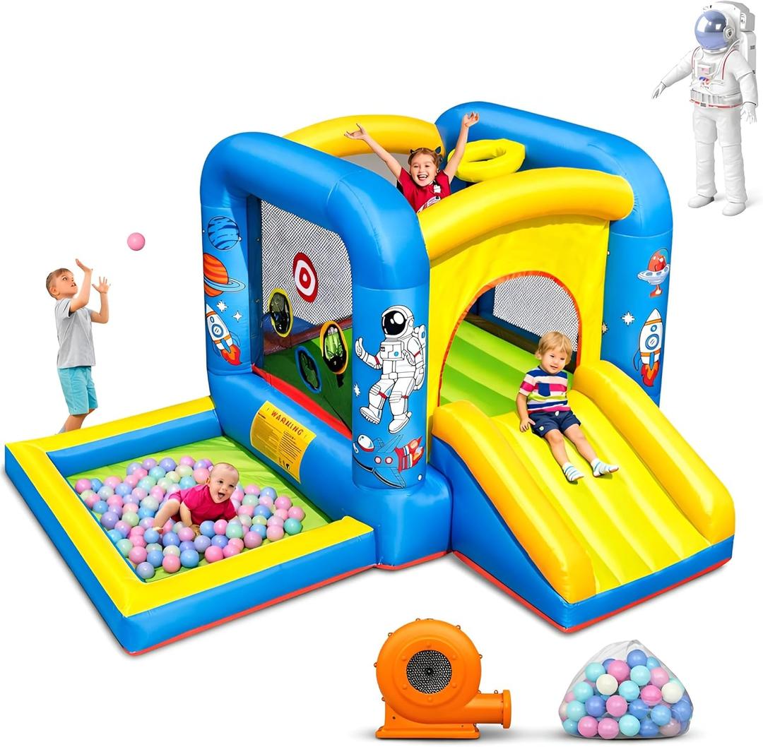 Inflatable Bounce House with Blower for Kids 3-6 y/o, Jumping Castle with Slide, 112x63x67'' Toddlers Bouncer with Ball Pit, Bouncy House for Indoor/Outdoor