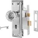 Upgraded Mortise Lock Set for Interior Door, Antique Vintage Style Crystal Glass Door Knobs with Skeleton Key, Reversible for Left & Right Handed Door, Brushed Nickel Finish