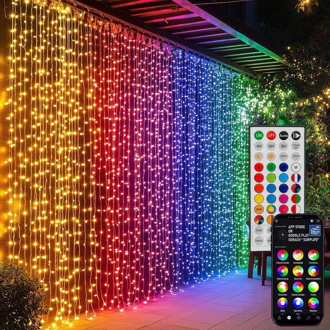 Dazzle Bright 300 LED Curtain String Lights, RGB Color Changing Christmas Fairy Lights for Bedroom with Remote & APP Control, Waterproof Smart Window Lights Party Wedding Garden Wall Decor (RGB (Red, Green, Blue))