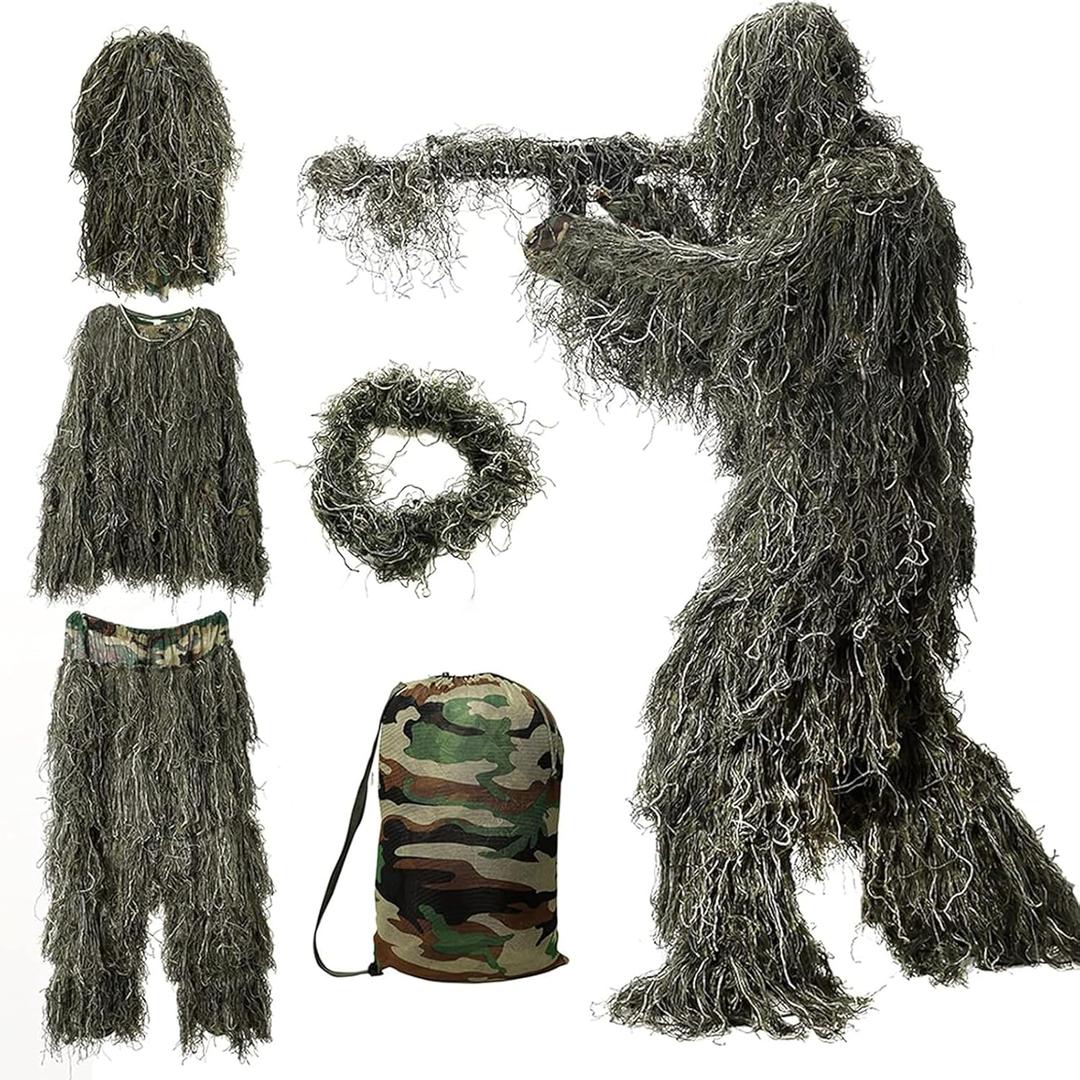 DoCred 5 in 1 Ghillie Suit, 3D Camouflage Hunting Apparel w/Jacket, Pants, Hood, Carry Bag for Adults/Youth, S/M/L/XL/XXL