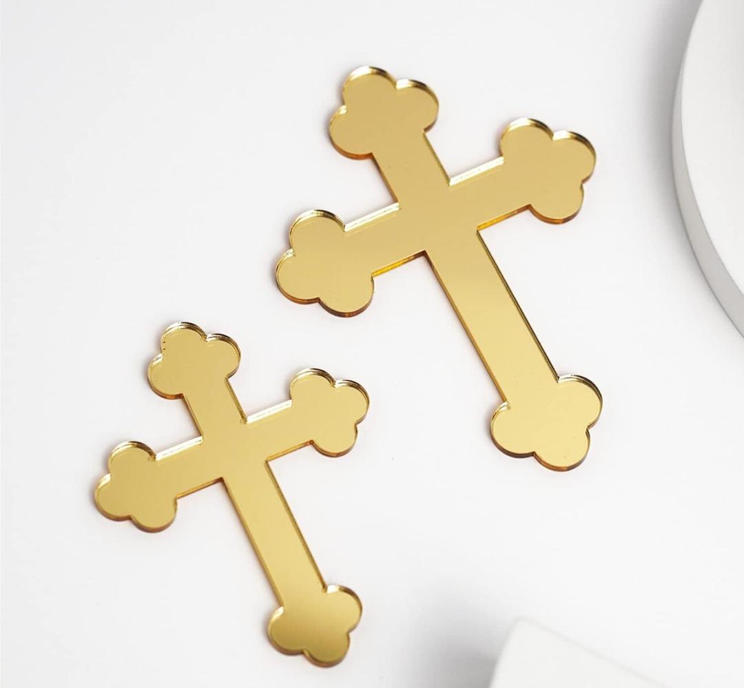 10pcs of Acrylic Baptism Cross Cake Topper, Mirror Cross Cake Decor, Gold Holy Communion Cross (4'', Gold Mirror)