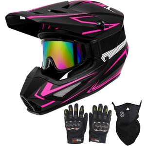 Youth Motorcross Helmet, Kids Dirt Bike Helmets, Motorcycle Helmets Off-Road Mountain Bike BMX MX ATV Helmet with(Gloves Goggles Mask) 4Pcs Set - DOT Approved (B-Pink, Large)
