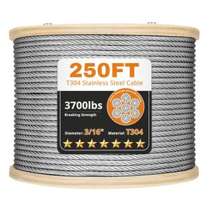Thickened 3/16" Stainless Steel Cable, 250ft Wire Rope, 7X19 Strands Aircraft Cable, 3700lbs Breaking Strength, Zip Line for Heavy Duty Applications, Deck Railing, String Lights & Yard Zipline