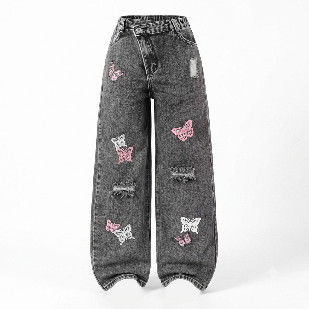 GORGLITTER Girl's Baggy Wide Leg Jeans Butterfly Graphic Print Elastic High Waisted Denim Pants Bottoms Trousers with Pockets, Black, 9 Years