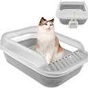 Open Cat Bedpan with Spoon,Shallow Splash Proof Travel Litter Box with Sand Drop Pedal High Side Low Entrance Cat Toilet Semi-Enclosed Adjustable for Kittens Elderly Cats Disabled Cats(Gray)