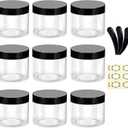 9Pcs 50g/50ml Empty Plastic Jars with 3 Mini Spatulas & 12 Labels Round Clear Cosmetic Sample Container with Inner Liners & Black Lids Travel Storage for Lotion Cream Ointments Makeup