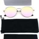 Full Reader Sunglasses Women Men, Mens Womens Reading Sun Glasses Metal Round BLue Pink Yellow Lens NON BIFOCAL, Gold Frame Mirrored Pink Lenses, 2.50