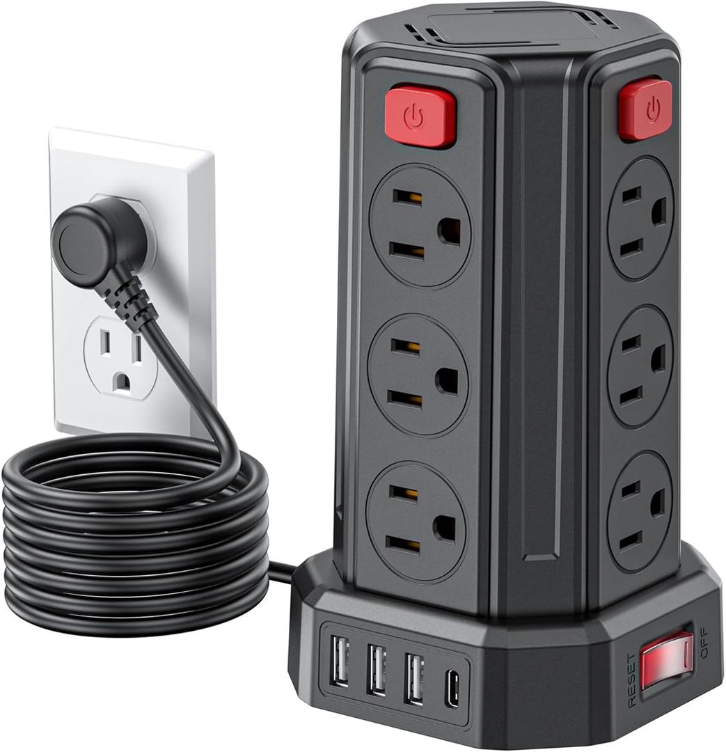 Power Strip Surge Protector, 6.5 Ft Extension Cord with 12 AC Multiple Outlets 4 USB (1 USB C), SMALLRT Power Tower Desktop Charging Station (Black, 6.5 Ft)