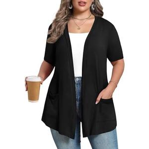 ZHUHOUSE Women's Plus Size Lightweight Long Sleeve Casual Soft Open Front Cardigan 2026 Summer Cover ups with Pockets Size 2XL, Short SLeeve, Black