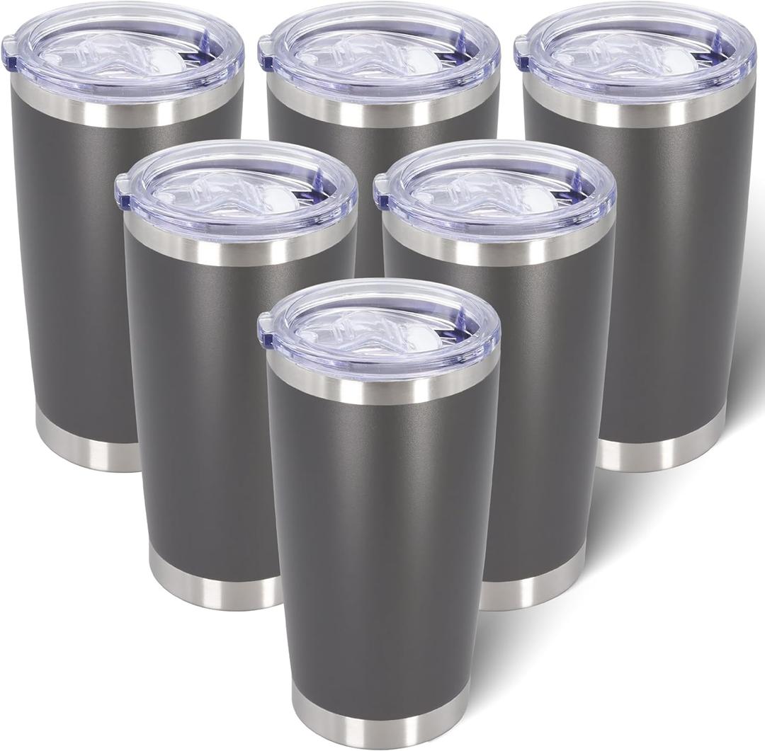 20oz Tumbler Bulk Stainless Steel Tumblers with Lid Vacuum Insulated Double Wall Travel Coffee Mug Powder Coated Tumbler Cup for Hot and Cold Drinks (Grey, Pack of 6) 