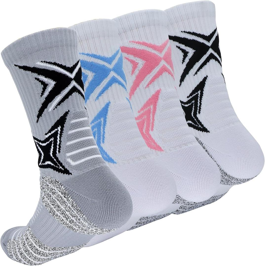 YQHMT Basketball Socks Outdoor Athletic Crew Socks Thick Compression Sports Socks for Men & Women 4 Pack (6-12)