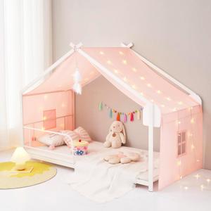 Mengersi Bed Canopy House Canopy Bed Curtains with Lights, Montessori House Bed Metal Floor Bed Canopy for Girls Boys, Fit for Twin Full Queen Bed Decorations (Beige Pink)