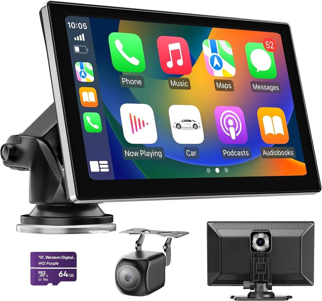 9" Wireless Apple Carplay Screen for Car, Portable Car Play Screen for Car & Android Auto, 4K Dash Cam, 1080p Backup Camera, GPS Navigation, Car Audio Receivers Mirror Link, Bluetooth, FM, Siri