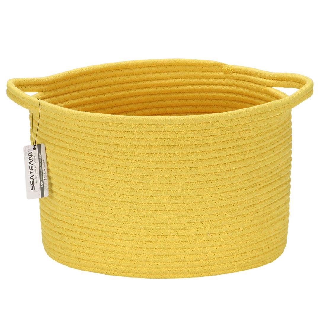 Sea Team Oval Cotton Rope Woven Storage Basket with Handles, Diaper Caddy, Nursery Nappies Organizer, Baby Shower Basket for Kid's Room, 12.2 x 8.7 x 9 Inches (Small Size, Yellow) 2 Pack