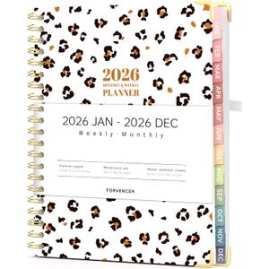 Forvencer 2026 Planner, Weekly and Monthly Calendar Planner for Women, Jan 2026 - Dec 2026, 8.5" x 11", Hardcover Planning Agenda book with Monthly Tabs, Spiral Bound, Inner Pocket, Cute Journal Organizer Notebook for Office School, A4 Size, Leopards