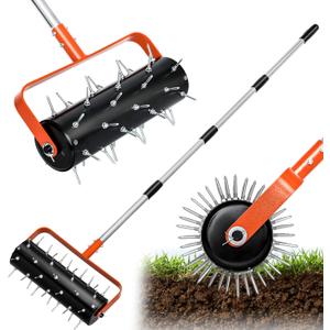 Rolling Lawn Aerator Heavy-Duty Manual Lawn Aerator Tool with 42 Reinforced Spikes, Fillable Drum for Added Weight, 75" Adjustable Handle, Soil Penetrator for Lawn, Garden, Yard, Patio