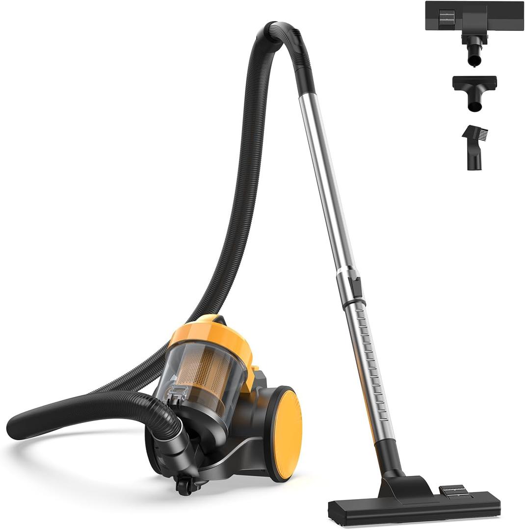 DUMOS Canister Vacuum Cleaner, 16Kpa Bagless Vacuum Cleaners for Home | Large 1.8L Dust Cup, HEPA Filter, 3 Cleaning Attachments for Hard Floor, Carpet, Upholstery & Stairs, Yellow