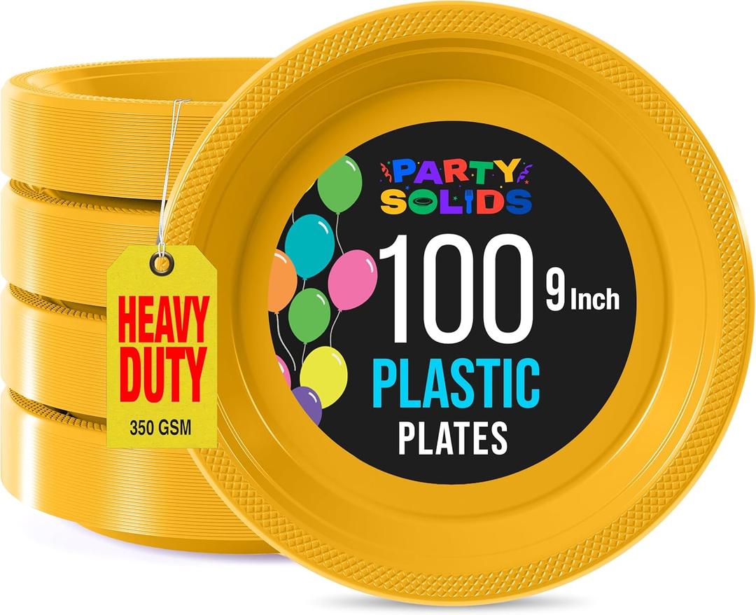 Exquisite Party Solids Yellow Plastic Plates - 9 Inch, 100 Pack, 350 GSM