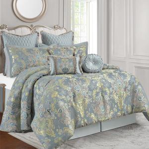 Loom and Mill 9-Piece Jacquard Comforter Sets, European Floral Style Bed in a Bag, Ultra Soft Queen Bedding with Euro Shams, Bedskirt, Filled Decorative Pillow for Home Bedroom (Airy Blue, Queen)