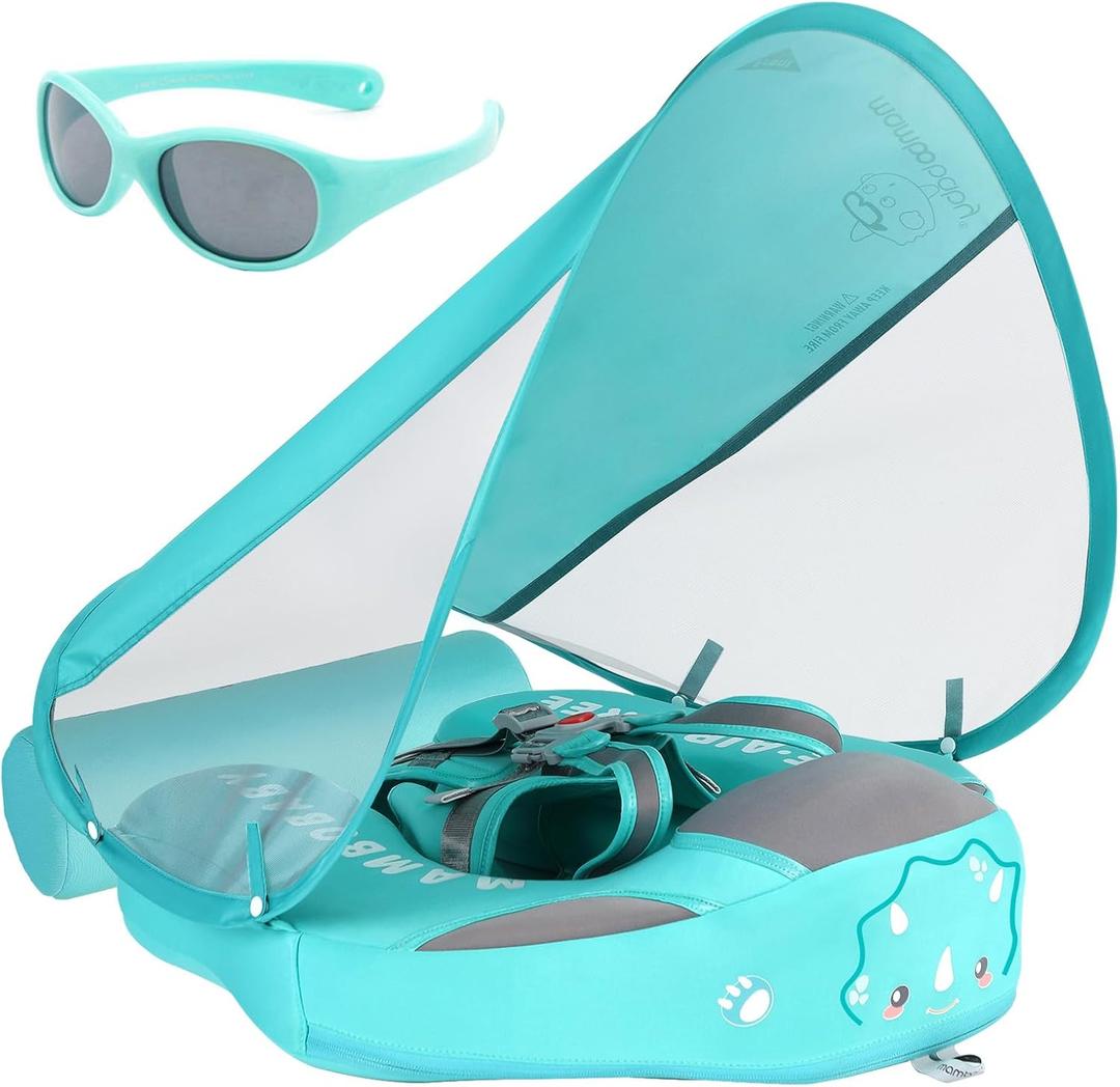 Mambobaby Float with Canopy and Tail New Upgraded Non-Inflatable Baby Pool Float Mambo Float Swim Trainer Solid Infant Swim Float Adjustable Pearl Foam Baby Swim Ring (Cloth Dinosaur Green)