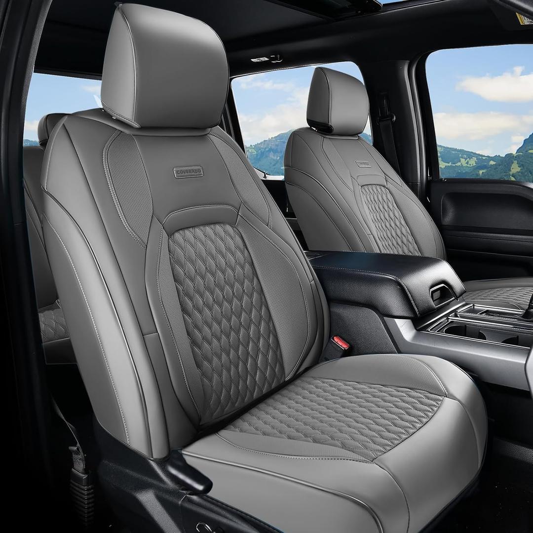 Coverado Chevy Chevrolet Silverado GMC Sierra Seat Covers Full Set, Fit for 2007-2013 & 2019-2026 1500, 2020-2026 2500HD 3500HD Crew Double Extended Cab, Faux Waterproof Leather Seat Covers (Gray)