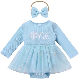 Kids Girls 1st Birthday Outfits Snowflake/Pumpkin Long Sleeve Romper Dress and Headband Cake Smash Outfits (Blue)