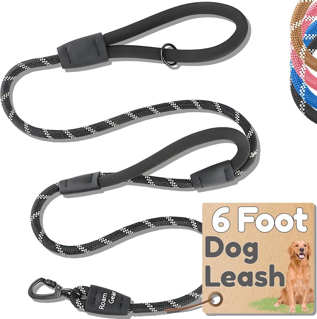 Premium 6 Ft Dog Leash - Two Extra Padded Handles, Heavy Duty Leashes for Medium Dogs to Large Breeds, Reflective, Shock-Absorbing, Anti-Pull Rope Leash, Strong Pet Lead for Everyday Walks - Roam Gear (Black)