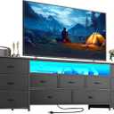 Huuger 70 Inch TV Stand for 75, 80 Inch TV, 11 Drawer Long Dresser with Power Outlets and LED Lights, Entertainment Center with Storage, Black Dresser with PU Leather Surface, 13"D x 70.9"W x 26.8"H