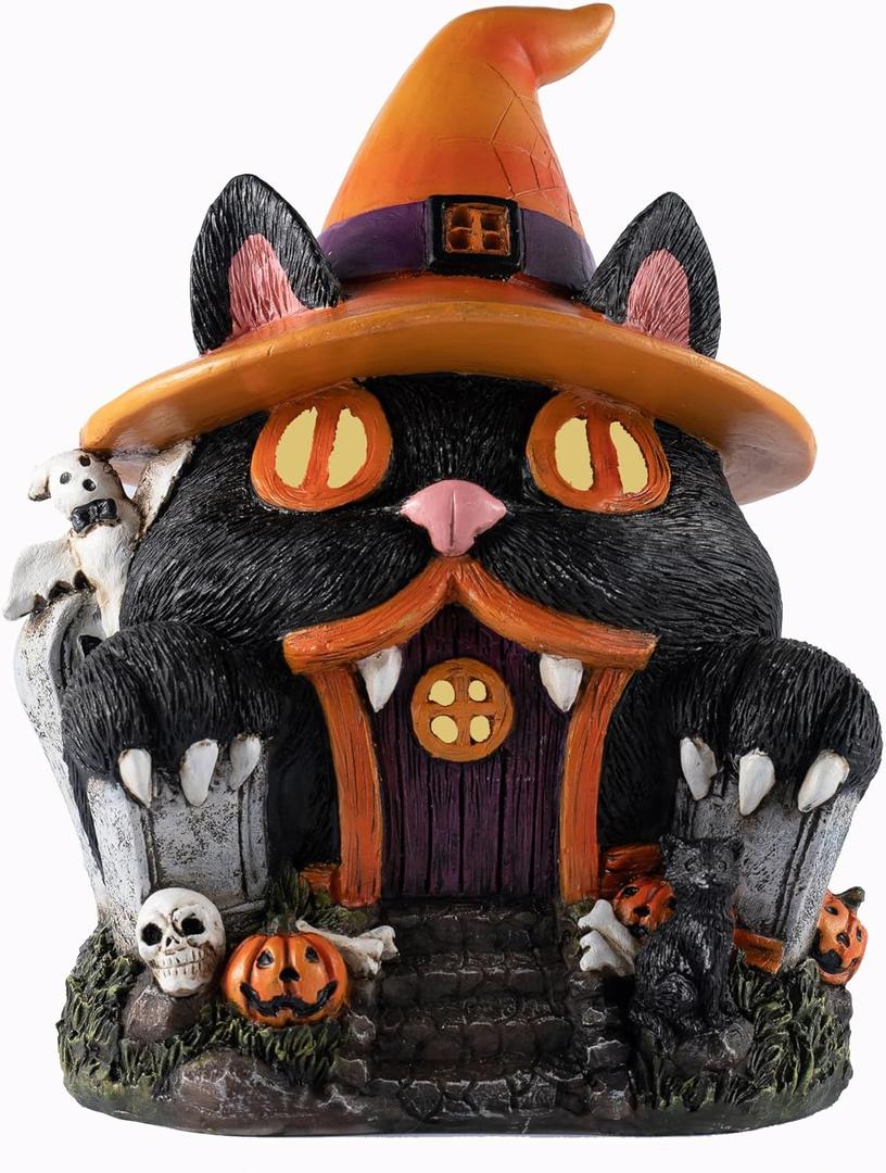 Halloween Decorations Light Up Halloween Village Houses Black Cat Haunted House Figurine for Indoor Table Mantel Shelf Decor,Props Haunted Collectible Gifts