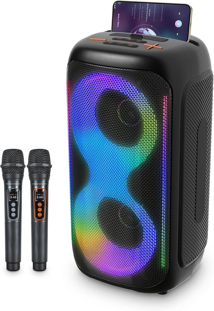 GKD40 Portable Karaoke Machine for Adults, Bluetooth Speaker with PA System, 2 Wireless UHF Rechargeable Microphones, LED Party Speaker with 4' Woofers & LED Light for Home, Outdoor Party & Singing