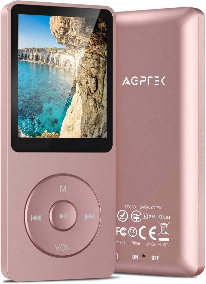 AGPTEK A02PL 64GB MP3 Player, 70 Hours Playback Lossless Sound Music Player, Supports up to 128GB (Rose Gold)