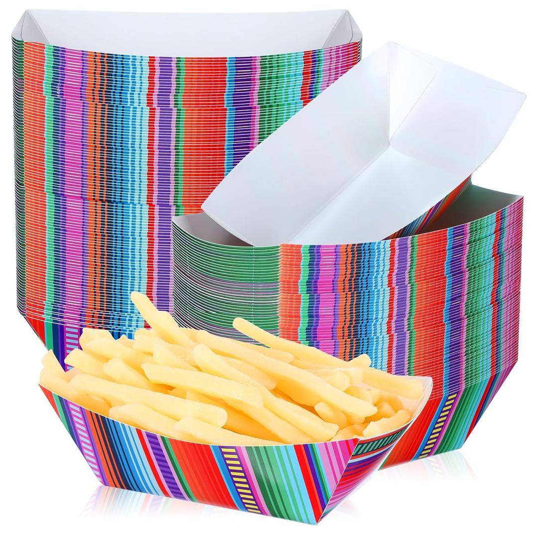 100 Pcs Mexican Nacho Trays Disposable Food Trays Fiesta Party Decorations Assembled Paper Snack Trays Taco Boats for Candy Hot Dog Cinco De Mayo Birthday Mexican Party Supplies (2 lb)