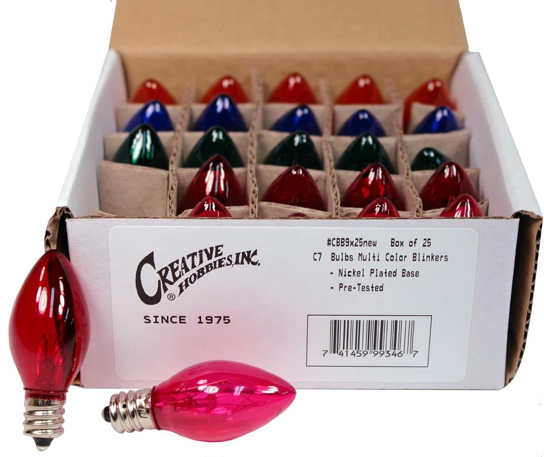 Creative Hobbies Box of 25 Colored Light Bulbs, Random Blinking, 7 Watt, C7 Candelabra Base -Great for Night Lights and Christmas Strings (Transparent)